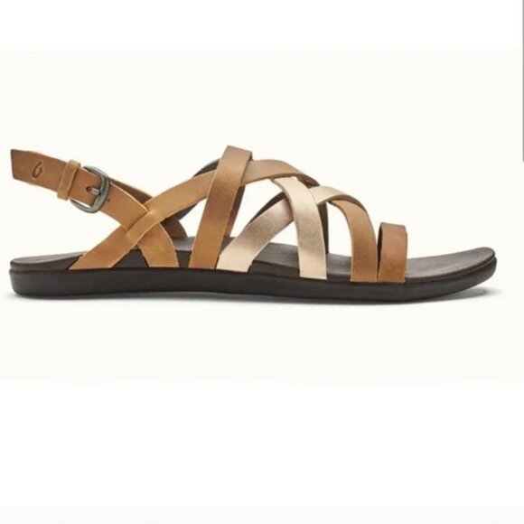 OluKai Awe Awe Sandals Leather Strappy Shoes Open Toe Brown Gold Womens Size 7 - Picture 11 of 12